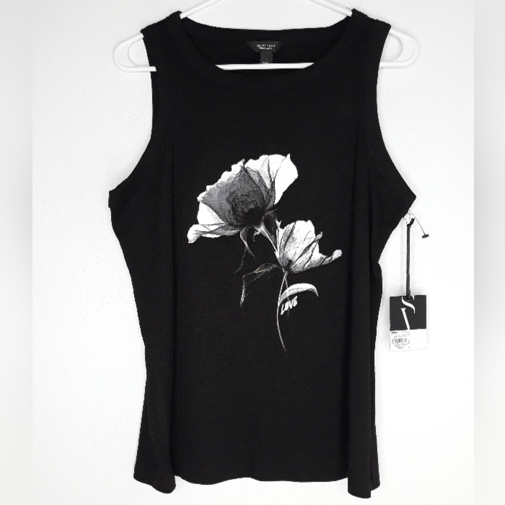 New With Tags Simply Vera Vera Wang Black Ribbed  Graphic Tank Top Size Large